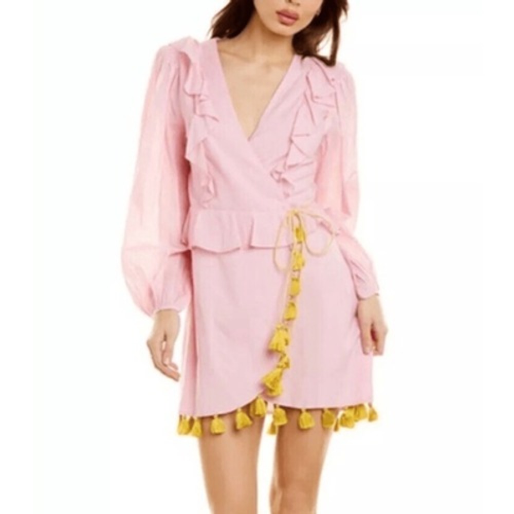 Ash Eden Pink Wrap Dress Gold Tassels Hand Crafted ruffles womans size Large NWT